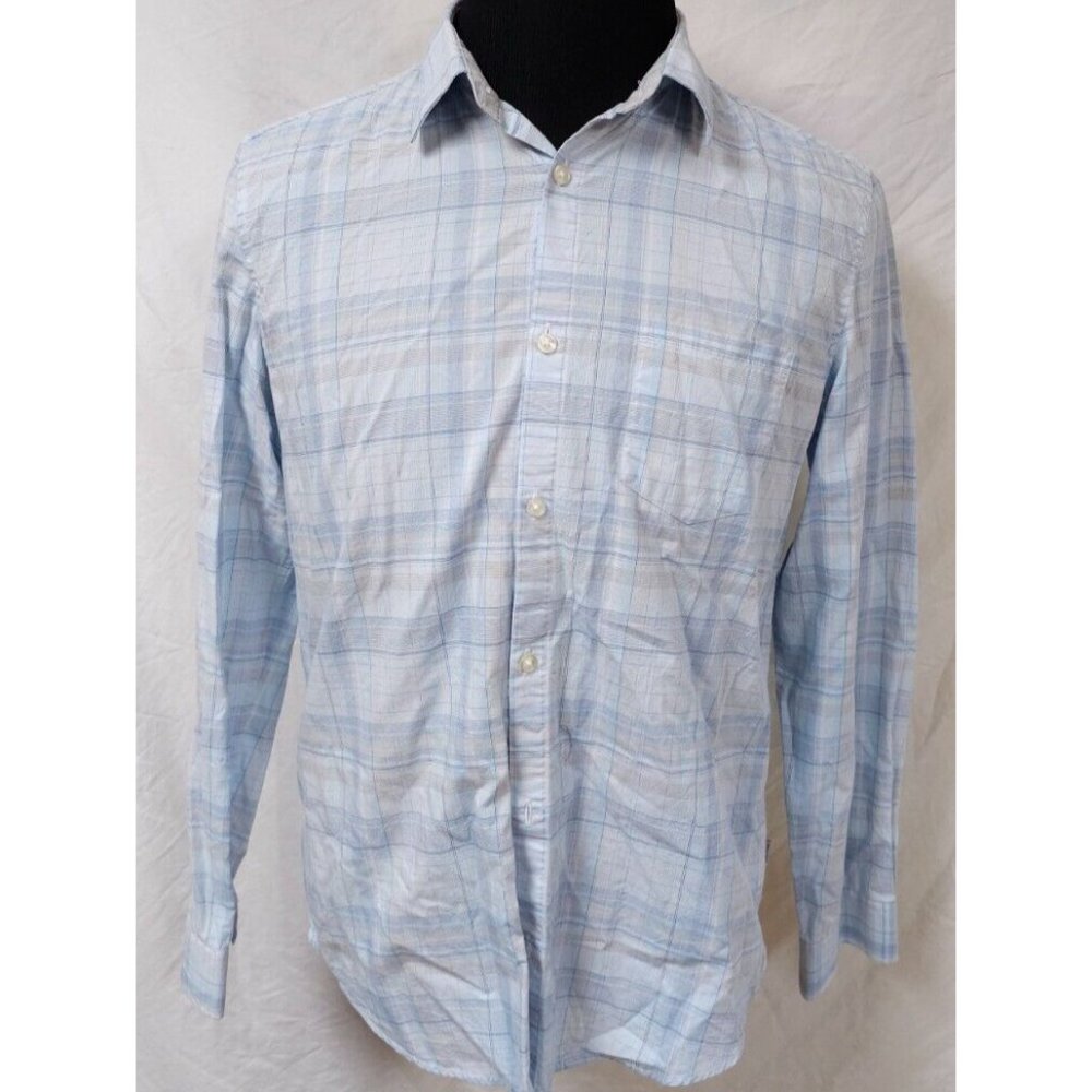 Calvin Klein Mens Medium Blue Plaid Liquid Cotton Long Sleeve Button-up Shirt